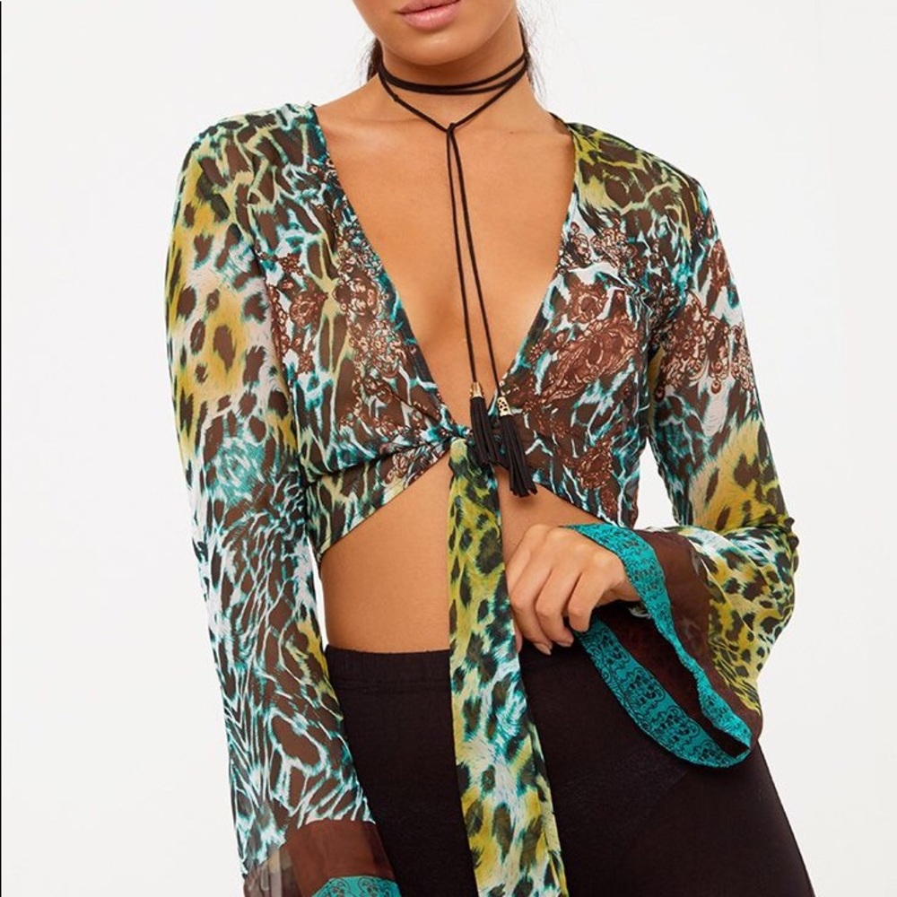 PLT “Arleena” Green Sheer Print Knot Crop Blouse